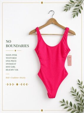 No Boundaries Neon Pink Textured One Piece Swimsuit Hot Girl Beachy Y2K M